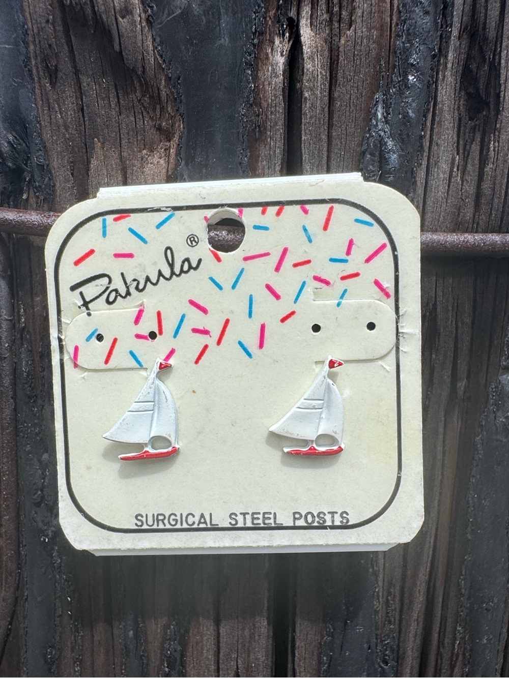 VTG 80s Pakula blue White Sail boat Earring Studs Nautical Preppy